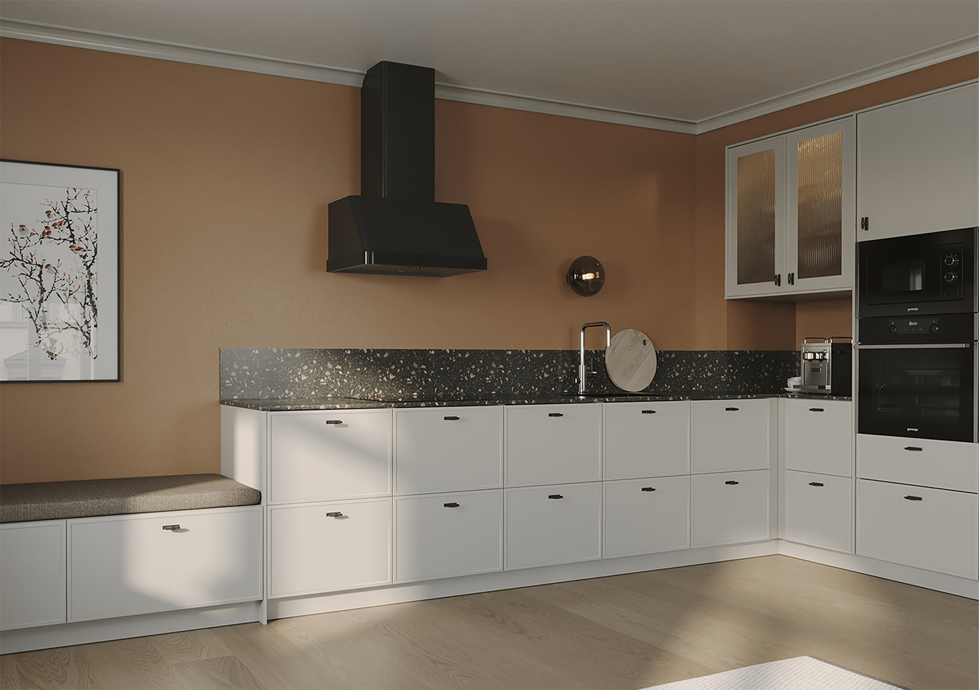 Shaker Frame k&ouml;ksluckor i beige kul&ouml;r med svart b&auml;nkskiva, vitrinsk&aring;p och rostorange v&auml;gg