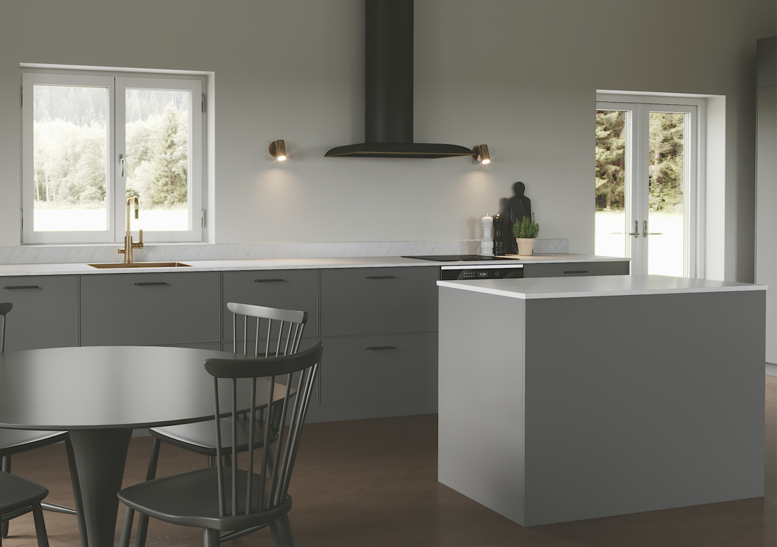 Gr&aring;tt k&ouml;k med Skinny Shaker-k&ouml;ksluckor i modern, n&auml;tt ramdesign