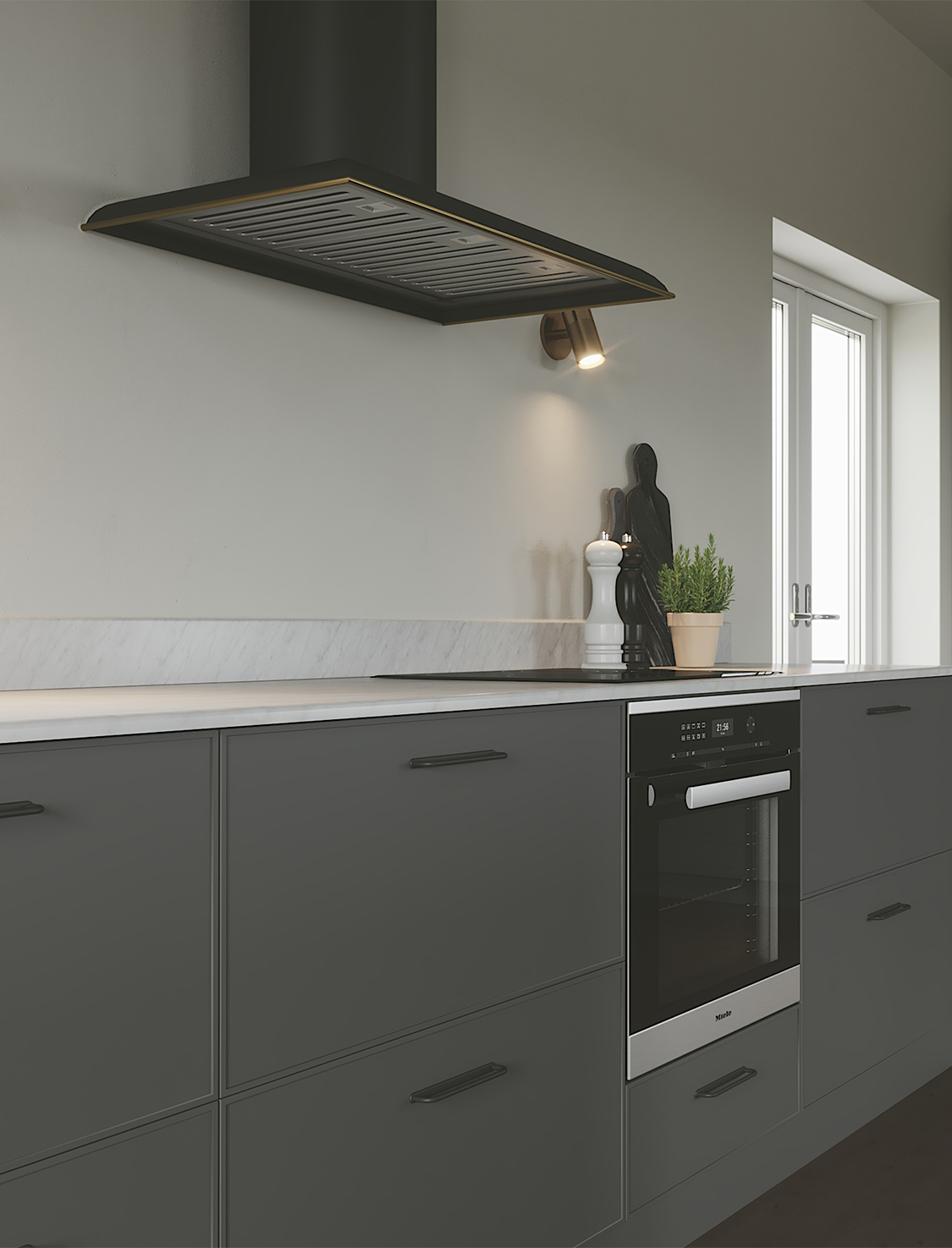 Gr&aring;tt k&ouml;k med Skinny Shaker-k&ouml;ksluckor i modern, n&auml;tt ramdesign